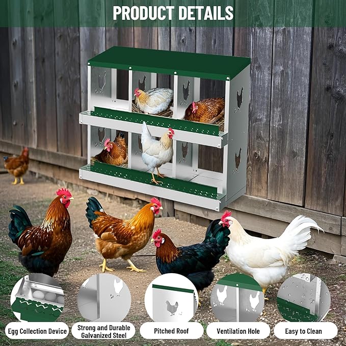 6 Compartments Chicken Nesting Box,Metal Chicken Egg Laying Box, Nesting Boxes,Easy Egg Collection, Easy Cleaning (Green)