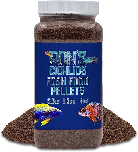 RON'S CICHLIDS Fish Food Pellets - USA Made Slow Sinking Pellets & Sticks Feed, Low Fillers, Koi, Pond, Goldfish, Tetras, Pleco, Oscar, Angelfish & Tropical Aquarium Fish, 1.5mm-4mm, Adult 5.5 LB