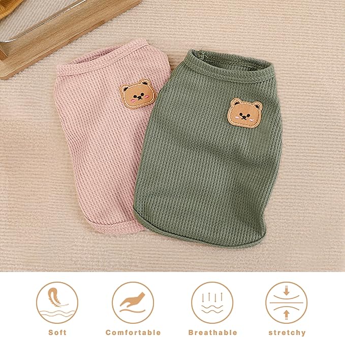 2 Pack Shirts for Cat, Small & Medium Dog Clothes, Waffle-Knit Puppy Shirts, Lightweight, Breathable, Stretchy Pet Clothes, Sleeveless Tee Shirt Gift for Cats & Dogs (Green&Pink, Large)