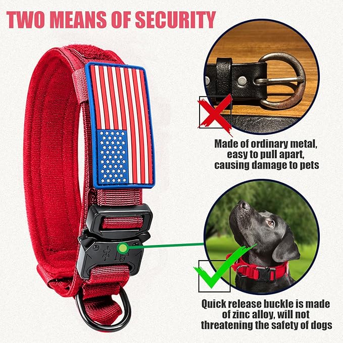 Tactical Military Dog Collar - Adjustable Nylon, Heavy Duty Metal Buckle With Handle for Training, With Patches (Red, M)