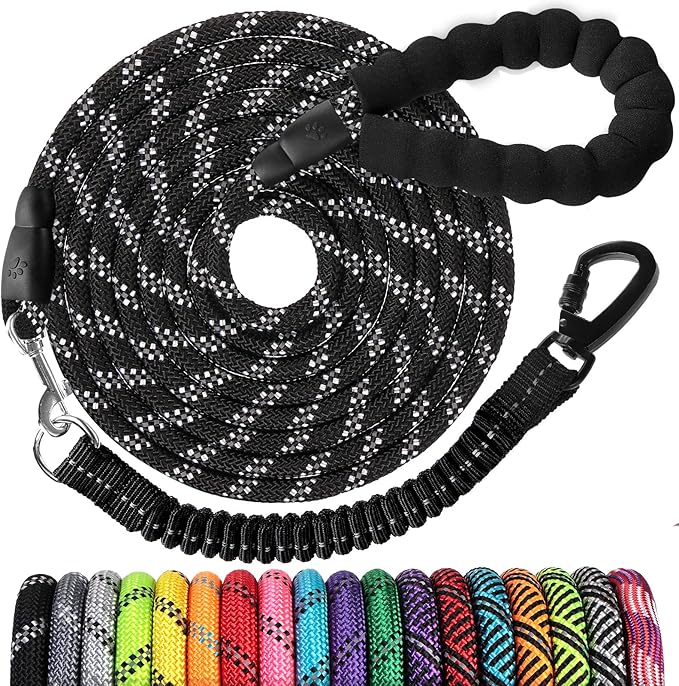 Long Dog Leash 20 FT: 3/8'' Heavy Duty Rope Leashes for Dogs Training with Lockable Hook Reflective Threads Bungee and Padded Handle - Dog Lead for Large Small Medium Dogs Outside Walking Hiking