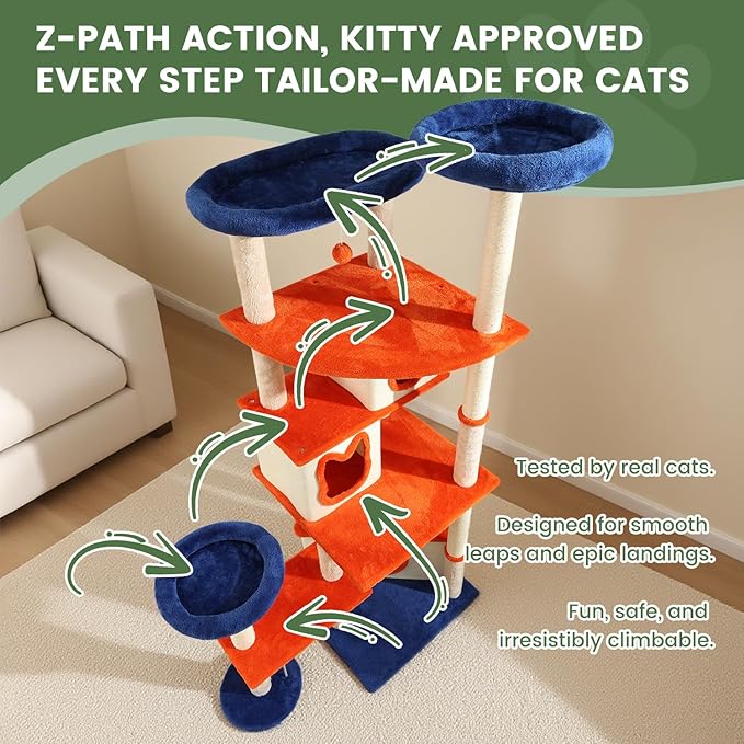 74IN Cat Tree Tower for Indoor Cats, Multi-Level Cat Condo with 3 Houses, Sisal Scratching Posts, Plush Perches, Jump Platforms and Hanging Ball Toy, Cat Furniture for Multi-Cat Family