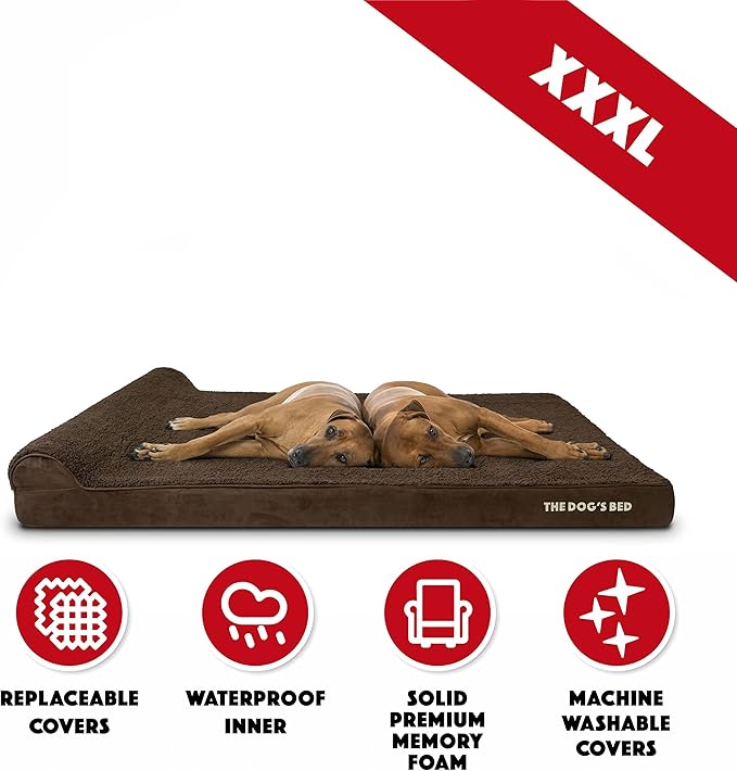 The Dog’s Bed Orthopedic Headrest Dog Bed XXXL Brown Plush, Memory Foam, Pain Relief for Arthritis, Hip & Elbow Dysplasia, Post Surgery, Lameness, Waterproof Washable Cover