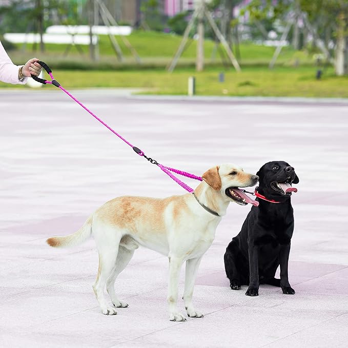 iYoShop Dual Dog Leash - 360° Swivel, No Tangle Walking Leash with Shock Absorbing Bungee for Two Dogs (Large, 25-150 lbs, Pink)
