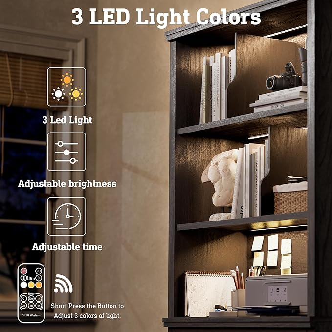 Fluted Bookcase with LED Light Set of 2, 72.2" Tall Standing Bookshelf with Drawer and Doors, Modern Storage Book Case Suite with 6-Tier Open Shelves for Office, Living Room, Bedroom (2, Black Oak)