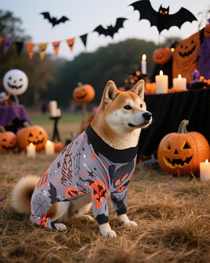 PET SHOW 4 Pack Halloween Dog Pajamas for Medium Dogs Onesie Soft Pumpkin Ghost Soft Fleece Stretchy Jumpsuit Costume Boy Girl PetsPJs with Sleeve Clothes(XL)