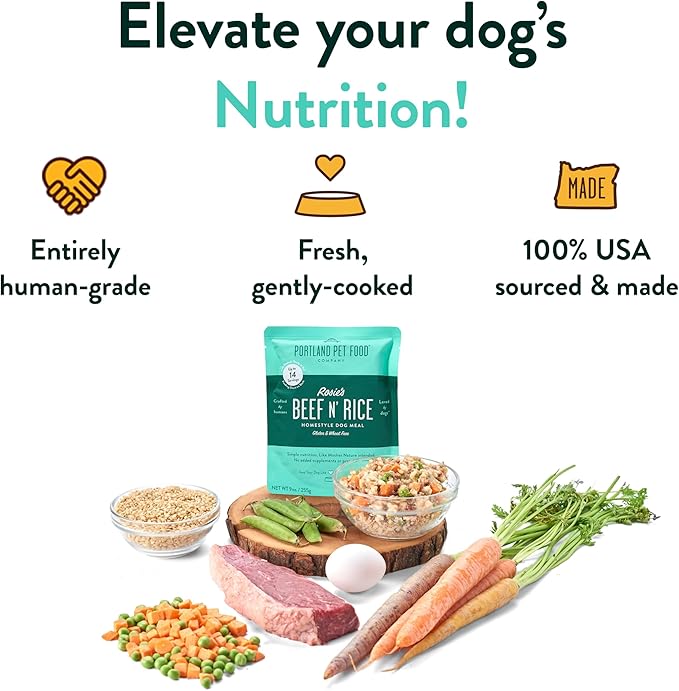 Portland Pet Food Company Rosie’s Beef N' Rice Fresh Dog Food Pouches - Human-Grade, Gluten-Free Wet Pet Meal Topper & Mixers - Small & Large Breed Puppy & Senior Dogs - Made in The USA - 8 Pack
