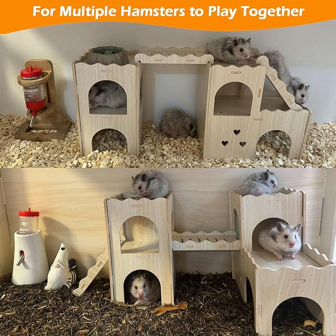 Large Hamster Hideout, Wooden Hamster Houses and Hideouts, Double-Decker Hamster Hut Castle, Dwarf Gerbils Habitat House with Climbing Ladder, Multi Chamber Syrian Hamsters Hides