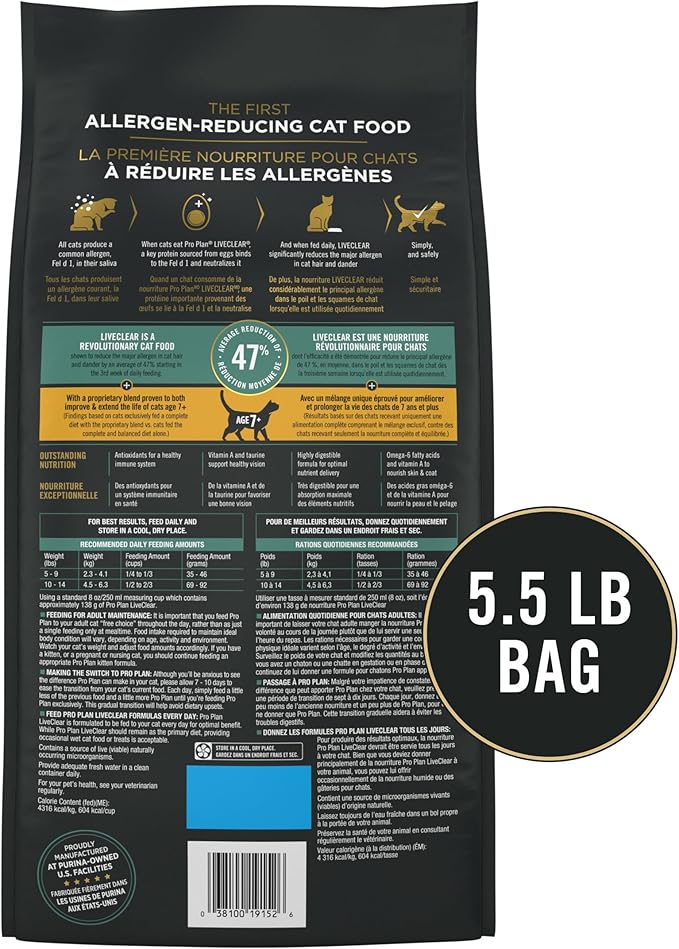 Purina Pro Plan LiveClear Senior Cat Food 7+ Cat Allergen Reducer Prime Plus Chicken and Rice Formula - 5.5 lb. Bag