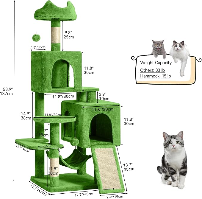 DWVO 54 in Multi-Level Cat Tower: Cats Tree for Indoor Kittens, Pet Furniture with Kitty Condos, Sisal Scratching Posts, Plush Perches, Cozy Hammock, Green