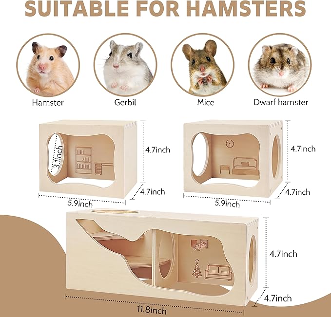 Hamster Hideout Wooden House,Hamsters Multi Chamber Hideout,Small Animal Habitat for Clear Observation,Hamster Toys for Dwarf Hamstersm,Gerbils, Hedgehogs, Rats, Mice(Study Room)