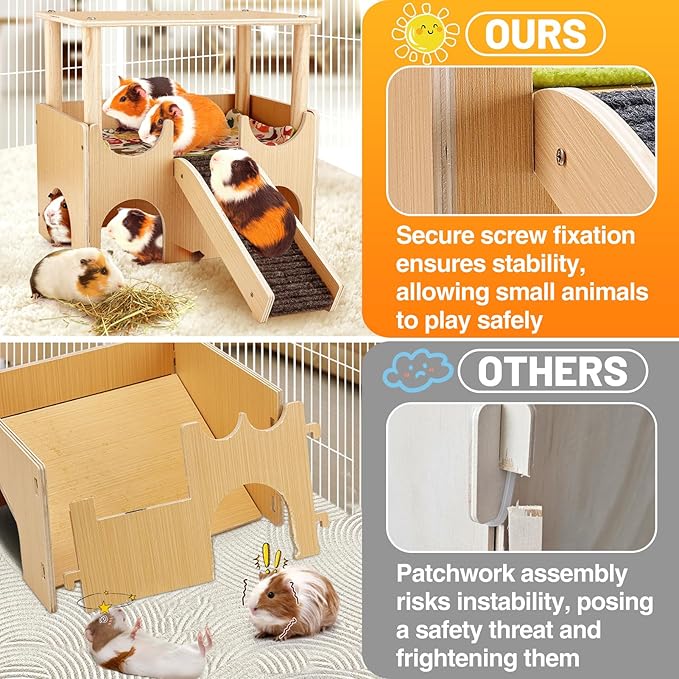 Large Wooden Guinea Pig Hideout - 2 Tierd Sturdy Guinea Pig House Castle, Small Animal Bed with Stairs, Easy to Install for Hamsters Chinchillas Bunny Playing Hiding