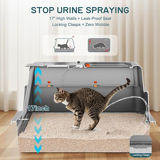 Stainless Steel Litter Box with Lid, 28" XXXL Large Cat Litter Box Enclosed for Multiple Cats, Odor Control with Carbon Filters, Anti-Leak High Sided, Includes Removable Lid & Scoop, Dark Gray