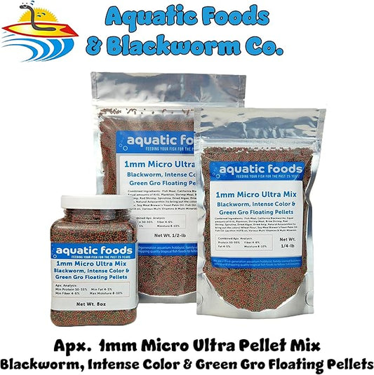 Aquatic Foods Inc. Ultra Pellet Mix of 1mm California Blackworm, Intense Color Red, Spirulina Green GRO Floating Pellets for All Small Tropical Fish & Pond Fish...1/4-lb Bag