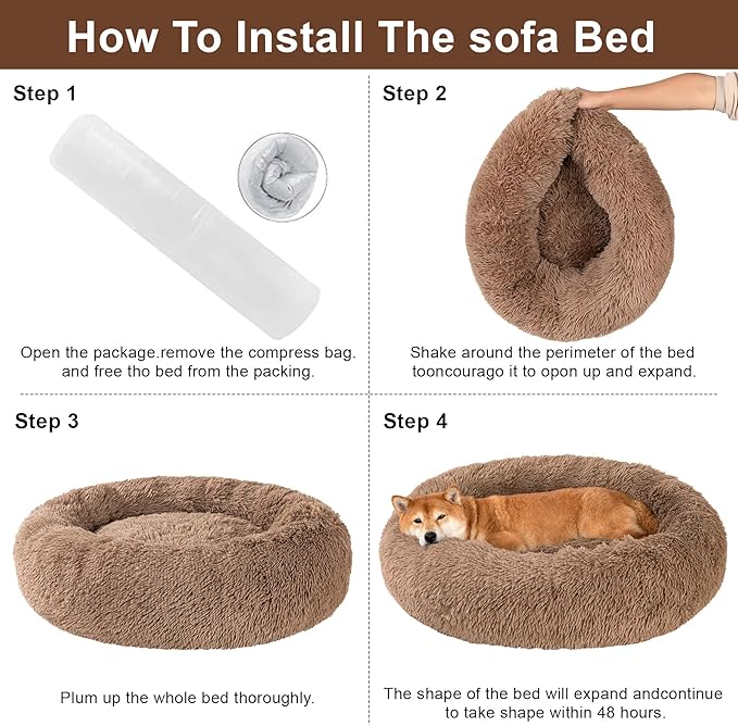 Dog Calming Beds for Small Medium Large Dogs - Round Donut Washable Puppy Dog Bed, Anti-Slip Faux Fur Fluffy Donut Cuddle Anxiety Cat Pet Bed(20'' Khaki