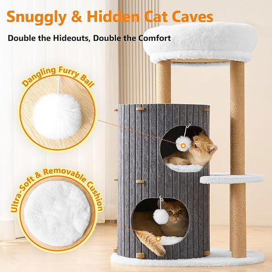 Modern Cat Tree for Indoor Cats Large Adult, 36in H Cat Condo Tower with Scratching Posts, Cozy Cat Bed Cave, Washable Cushions, Dangling Balls, Play&Nap Cat House for All Breeds of Cats, Gray