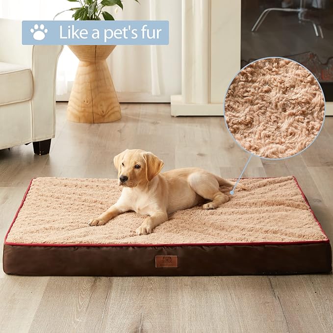 WNPETHOME Orthopedic Large Dog Bed, Extra Large Waterproof Dog Bed with Removable Washable Cover & Anti-Slip Bottom,Egg Crate Foam Pet Bed Mat,Soft Rose Plush Pet Crate Mat