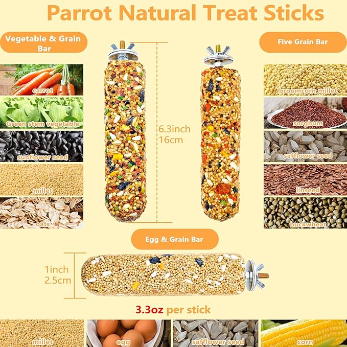 6PCS Parakeet Treat,Natural Parrots Treat Sticks,Vegetable & Grain Style Crunch Sticks,Bird Treats for Cockatiel Budgies Lovebirds Canary Conure Finches