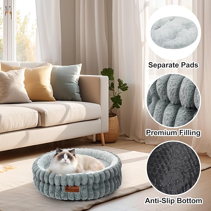 Cat Beds for Indoor Cats, Washable Round Bed for Small Dogs, Soft Pet Bed for Puppy and Kitten with Anti-Slip Bottom (Gray, 24in)