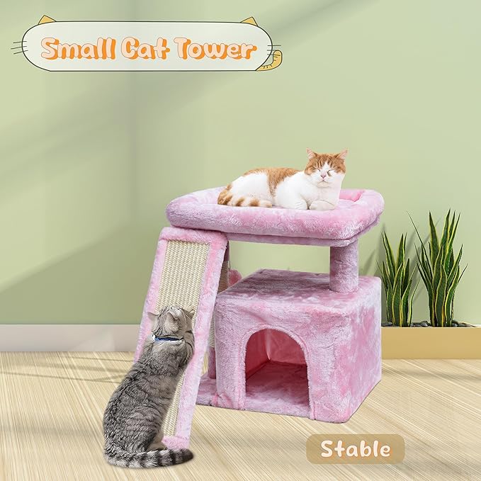 Small Cat Tree for Indoor Cats, Cat Tower with Perch, Condo, House and Stable Stand for Kittens & Adult Pets（Pink）