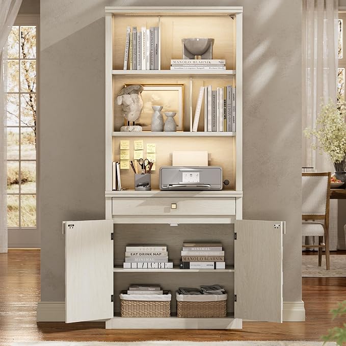 Fluted Bookcase with LED Light, 72.2" Tall Freestanding Bookshelf with Drawer and Doors, Modern Storage Book Case with 3-Tier Open Shelves for Home Office, Living Room, Bedroom (1, White Oak)