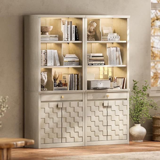 Fluted Bookcase with LED Light Set of 2, 72.2" Tall Standing Bookshelf with Drawer and Doors, Modern Storage Book Case Suite with 6-Tier Open Shelves for Office, Living Room, Bedroom (2, White Oak)