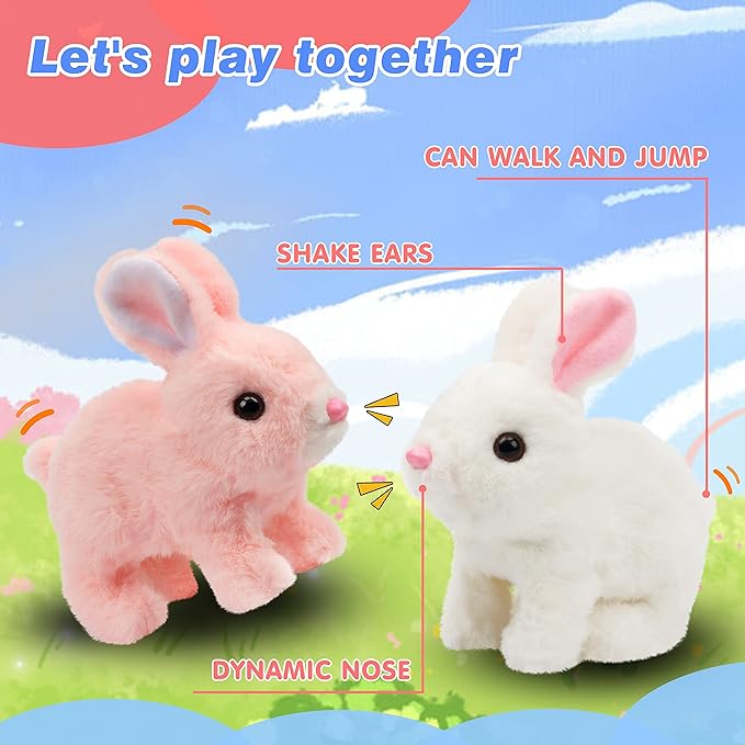 Hopearl Hopping Rabbit Interactive Electronic Pet Plush Bunny Toy with Sounds and Movements Animated Walking Wiggle Ears Twitch Nose Gift for Toddlers Birthday, Pink, 7''