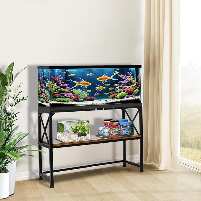 30 Gallon Fish Tank Stand, Aquarium Stand with 2-Tier Storage Shelves, Rustic Brown Metal Frame Turtle Tank,Adjustable Height Design (30 Gallon)