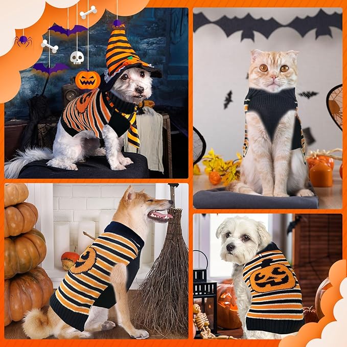 BAEJMJK Cute Halloween Dog Sweater Soft Striped Pumpkin Puppy Sweaters with Leash Hole Warm Turtleneck Pet Dog Clothes Costume for Small Medium Large Dogs Cats(X-Small)