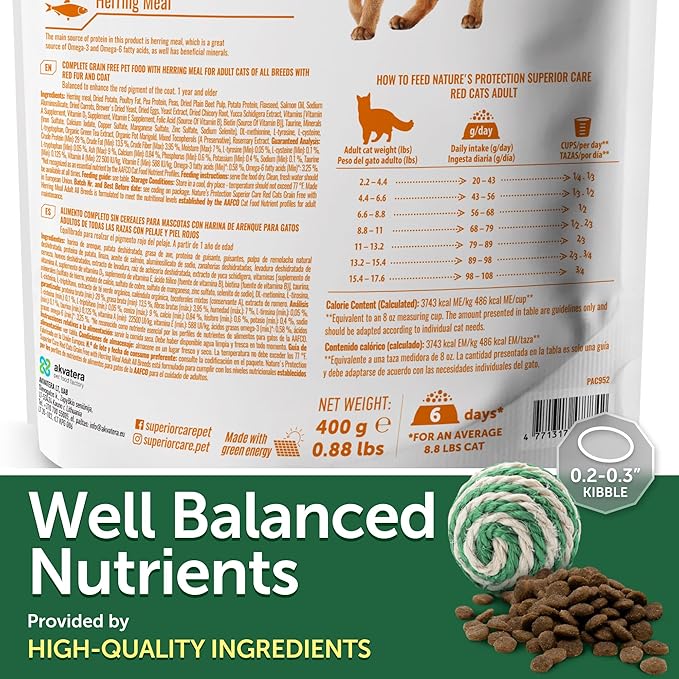 Nature's Protection Dry Cat Food - Grain Free, High Protein Cat Food Dry Kibble for Indoor Adult Cats with Red Fur - Sensitive Stomach, No Tear Stains & Hairball (Superior Care - Herring, 14.11 lb)