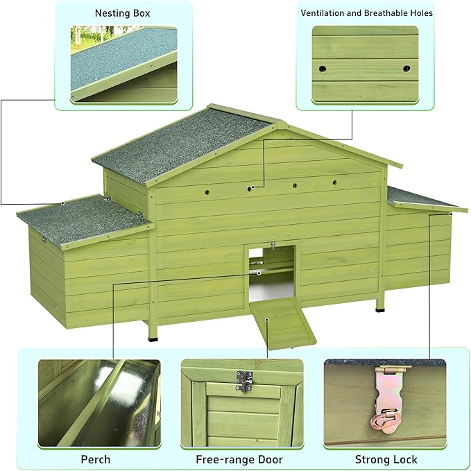 11.12 ft² Large Wooden Chicken Coop with 2 Nesting Boxes & Perch – Outdoor Hen House for 3–4 Chickens, Waterproof Poultry Cage with Free-Range Doors & Predator-Proof Locks Green