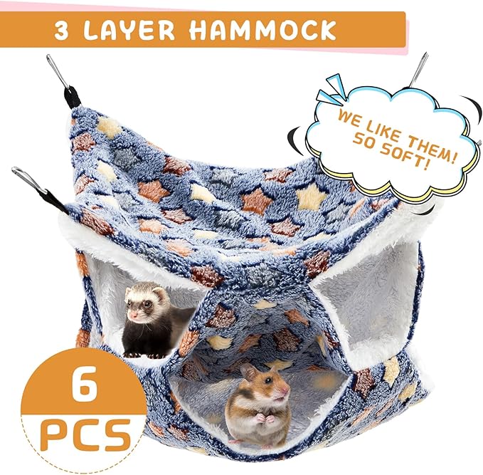 Sadnyy 6 Pieces Guinea Pig Rat Hammock Three Layer Ferret Bed Small Animal Hanging Pet Cage Hammock for Chinchilla Rat Sugar Glider Squirrel Reptiles(Cute Pattern)