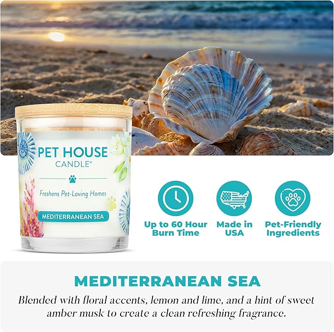 Pet House Candles, Plant-Based, Long Lasting Scented Pet Friendly Candles for Home - Mediterranean Sea
