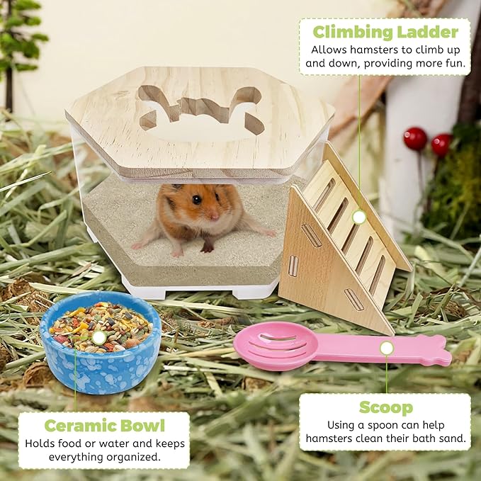 Hamiledyi Hamster Sand Bath Box Transparent Gerbil Digging Sand Container Acrylic Small Dwarf & Syrian Hamster Shower Bathtub with Climbing Ladder Bowl and Scoop Cage Accessories for Lemmings (Bunny)