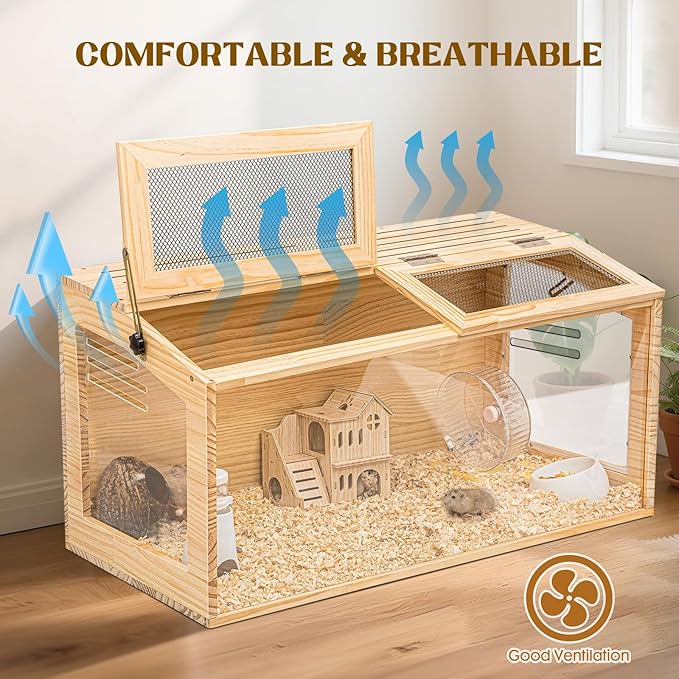 Hamster Cage 32" Wooden Chewproof, 270° View Large Habitat with Bite-Proof Metal Mesh & Top Dual Access Doors, Acrylic Sheets & Solid Build for Dwarf Syrian Hamsters/Gerbils/Guinea Pigs/Chinchillas