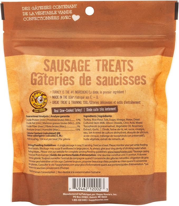 Happy Howie's Sausage Treats - Healthy Dog Treats, Flavorful, Slow Cooked, Natural Ingredients, Chewy Dog Treats, Hormone Free - Turkey, (Pack of 3)