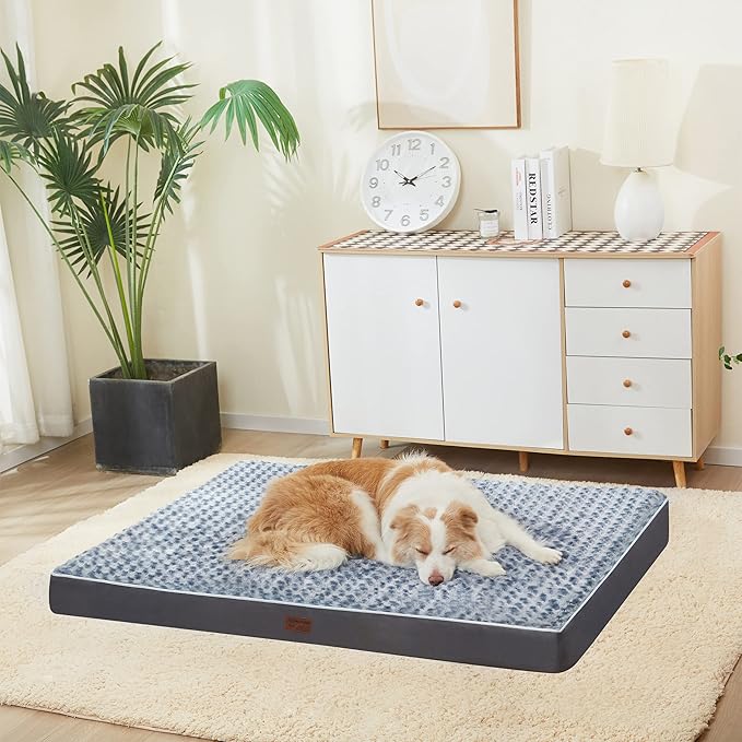 Dog Bed Mats for Large Jumbo Big Dog - Orthopedic Dog Pet Durable Crate Bed Mattress of Thick Egg Foam Crate, Rose Plush Washable Cover, Non-Slip Bottom (XXXL(54''x42''x4''), Grey Side)