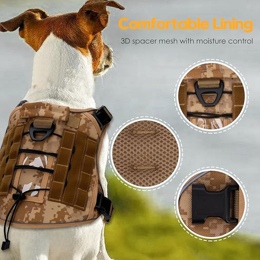 Heavy-Duty Tactical Dog Harness for Large Dogs, No Pull Adjustable Reflective Pet Vest with Molle System, K9 Military-Grade Control for Service Training, Outdoor & 10+ Breeds, Khaki Camo, Large