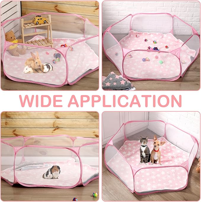 Hamster Playpen with Mat Small Animal Cage Tent Breathable Transparent Guinea Pig Playpen Waterproof Portable Yard Fence Mat Foldable Exercise Playpen Outdoor Indoor (Pink,Star)