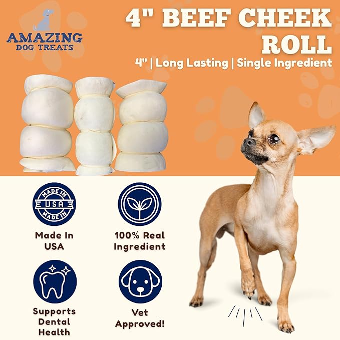 Amazing Dog Treats - Beef Cheek Rolls (4 Inch Regular - 8 Pcs) - Safe Rawhide Alternative Dog Chew - Great for Power Chewers - Long Lasting Dog Chew - Retriever Rolls for Dogs