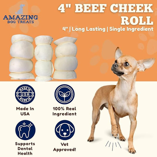 Amazing Dog Treats - Beef Cheek Rolls (4 Inch Regular - 8 Pcs) - Safe Rawhide Alternative Dog Chew - Great for Power Chewers - Long Lasting Dog Chew - Retriever Rolls for Dogs