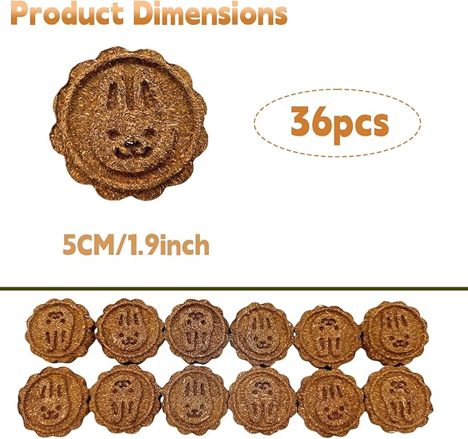 36Pcs Bunny Chew Toys, Grinding Natural Carrot Grass Cake Treats for Rabbits Guinea Pigs Chinchillas Gerbils Hamsters Improves Dental Health(Carrot Rabbit GrassCake)