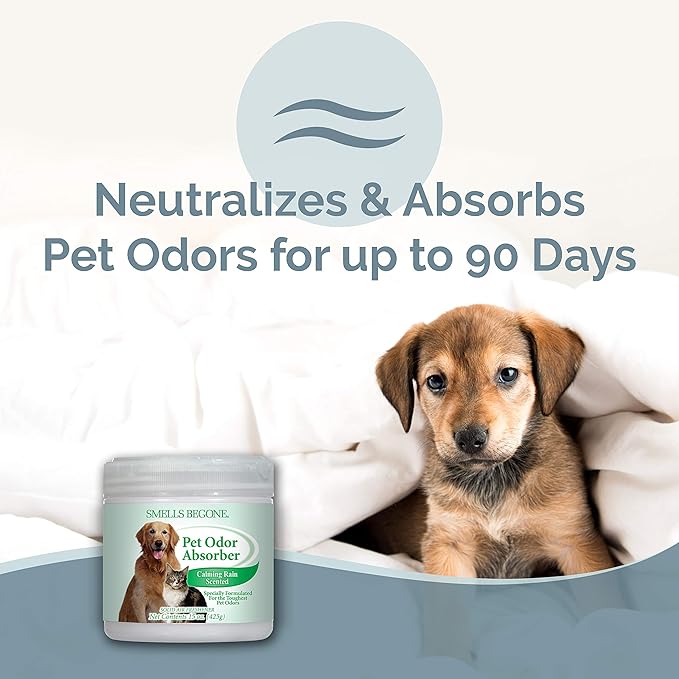 SMELLS BEGONE Pet Odor Absorber Gel - Air Freshener - Absorbs Odor from Bathrooms, Cars, Pet Areas, Boats & RVs - Made with Essential Oils - Calming Rain Scent - 15 Ounce