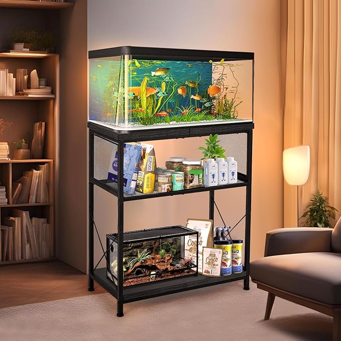 LALA IKAI Fish Tank Stand, 10-20 Gallon Metal Aquarium Stand Table with 2 Tiers Storage Shelf, 4-Leg Reptile Tank Stand, Black