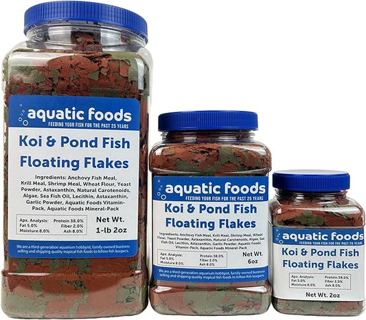 Aquatic Foods Inc. Koi & Pond Fish Krill Flakes. Arctic Krill Flakes with Natural Carotenoids Color Enhancers to Enhance The Vibrant Colors of Fish Also Pellet Mix, Wafer Mix Included…6oz