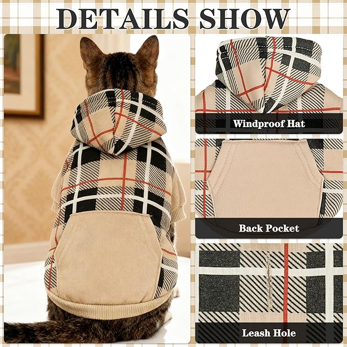 EXPAWLORER Plaid Cat Hoodie - British Style Warm Cat Sweater Shirt with Leash Hole,Pet Clothes Outfits,Winter Coat Apparel for Puppy Cats Girl Boy-Kitten Apparel,Beige XL