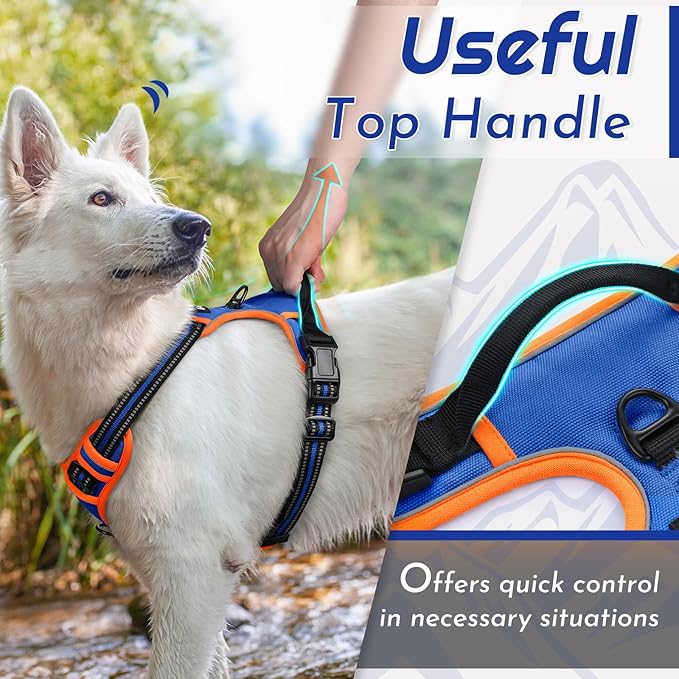 Eagloo Dog Harness for Large Dogs, No Pull Service Vest with Reflective Strips and Control Handle, Adjustable and Comfortable for Walking, No Choke Pet Harness with 2 Metal Rings, Blue & Orange, XL