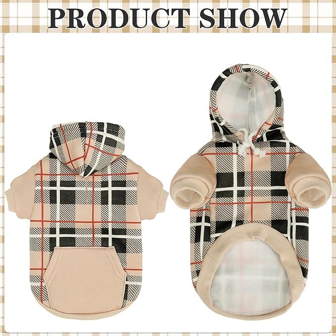 EXPAWLORER Plaid Cat Hoodie - British Style Warm Cat Sweater Shirt with Leash Hole,Pet Clothes Outfits,Winter Coat Apparel for Puppy Cats Girl Boy-Kitten Apparel,Beige XL