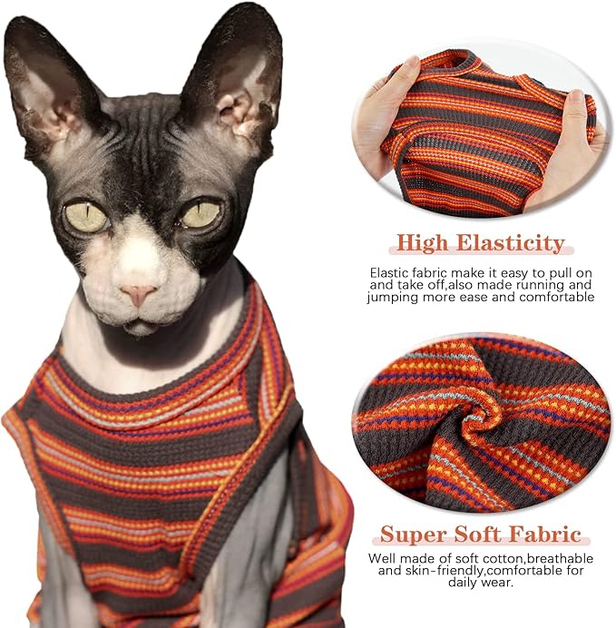 BRKURLEG Sphynx Hairless Cats Shirt Puppy Clothes Soft Cotton T-Shirts Cute Cats Pajamas Cat Stripes Vest Pet Sweater, Round Collar Vest Kitten Shirts(Red Stripes, S)