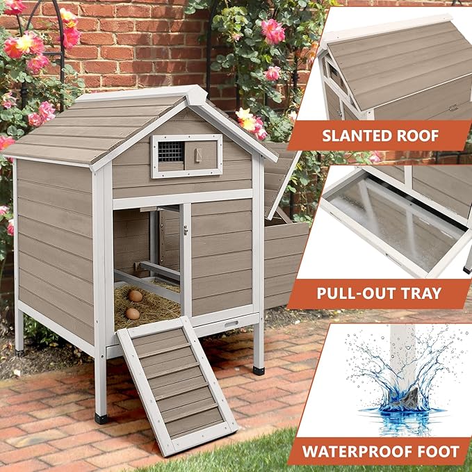 Large Chicken House with Nesting Box, Small Chicken Coop Hen Pet House with Removable Trays, Outdoor Indoor Rabbit Hutch Poultry Cage with Ramp (36.2" L x 26" W x 38.3" H)
